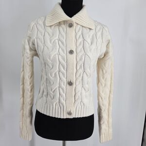 Jessica Simpson Women S Ivory Cable-Knit Cardigan Rhinestone Buttons Ribbed Trim